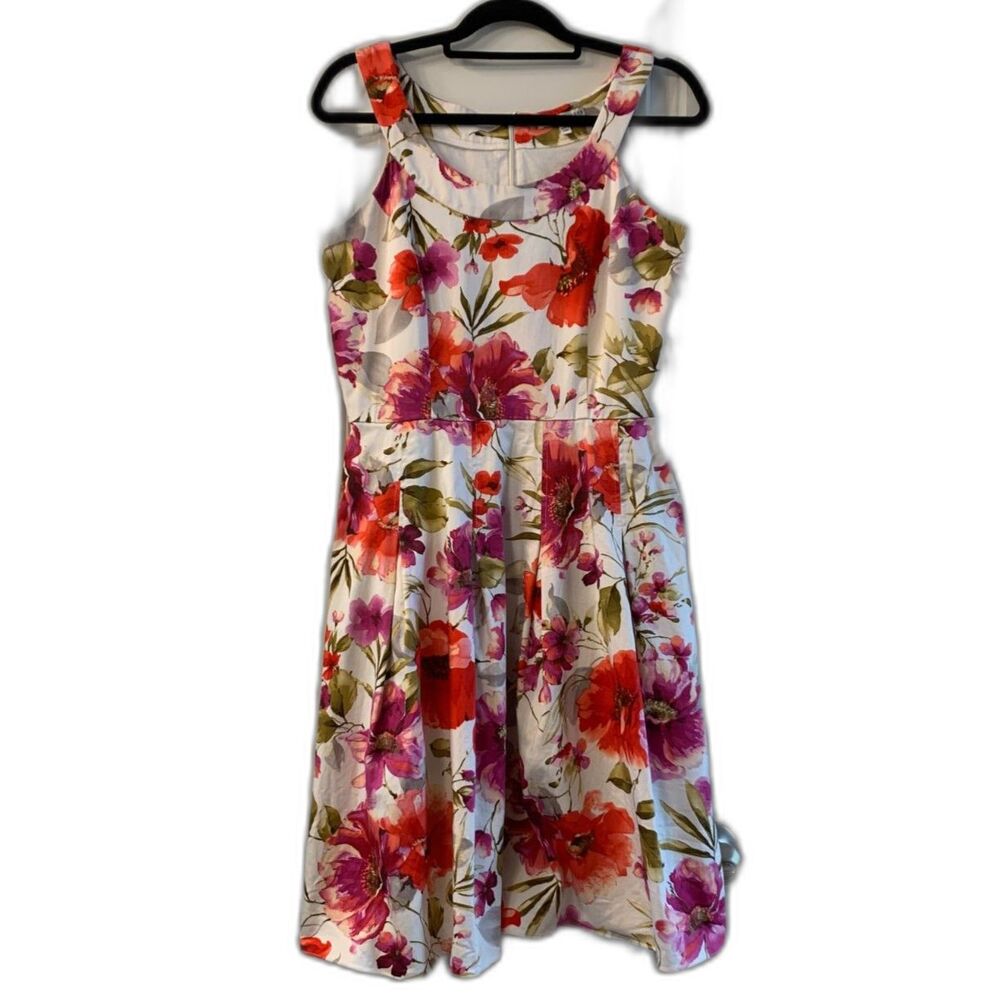Sandra Darren Women Dress Size 8 Pink Purple Red White Floral Pockets Sleeveless